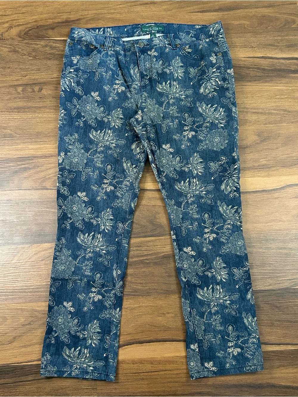 Ralph Lauren woman’s Slim Straight Jeans — Blue with Cream/pink Floral Print